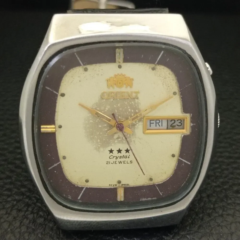 Vintage 1978 Square Orient Automatic Mens Silver Watch W/daydate & Gold accents